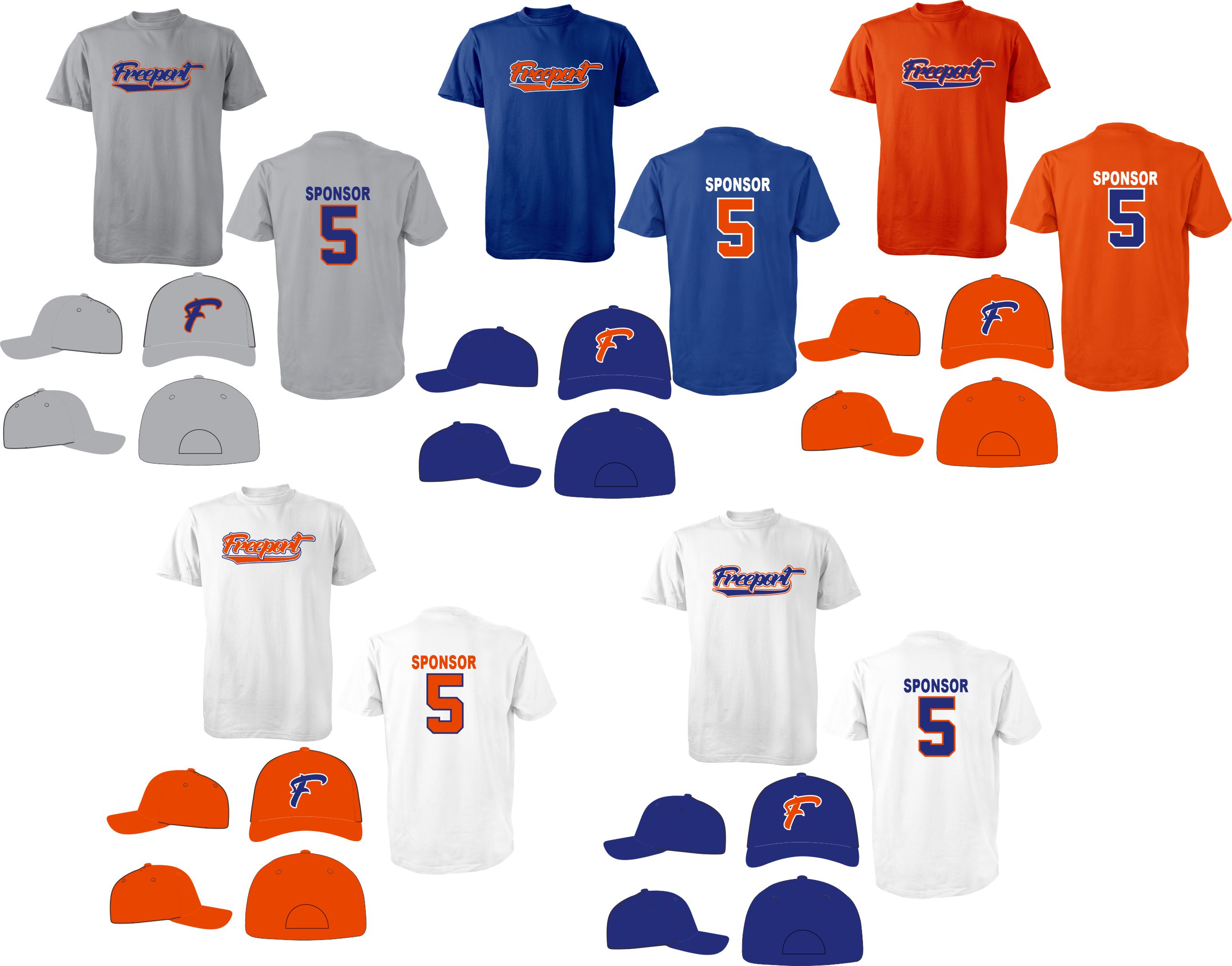 Freeport Little League Jerseys in orange, blue, and grey color combos